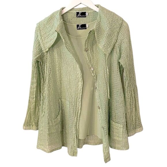 Fenini Women's Size Small Green Cotton Tank and Long Sleeve Button up Top Set - Picture 7 of 15
